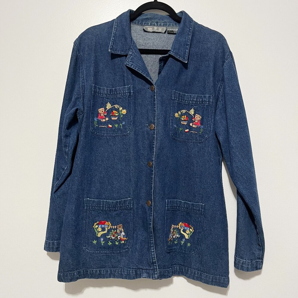 VTG Embroidered Denim Shacket XL Farmcore Bears Cottage Teacher Chore Country